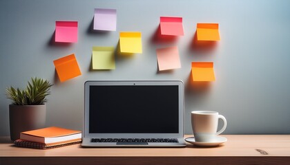 modern workspace with laptop coffee cup and sticky notes for reminders