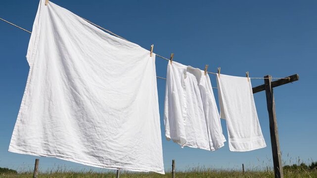 Fresh white laundry drying on a clothesline outdoors under a clear blue sky.
