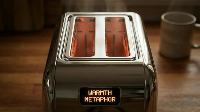 Anthropomorphic toaster device on wooden home kitchen table with warm light glowing inside creating cozy atmosphere and warmth metaphor