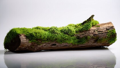 a short mossy log rests on a stark white background showcasing its textured bark and vibrant green moss patches