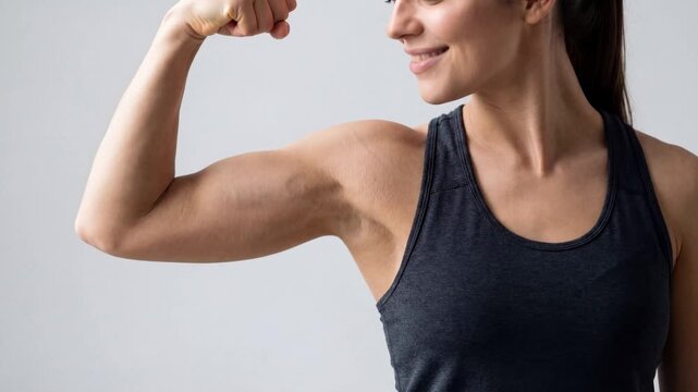 Athletic woman flexing toned arm in sportswear, showcasing strength, fitness motivation, and healthy lifestyle on white background.