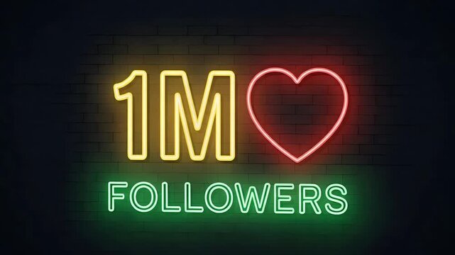 Neon sign with 1 Million Followers and heart icon on brick wall