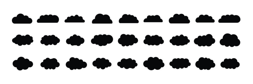 Mobileset of vector illustrations of clumpy clouds. weather cloud black icons sky clouds set. Collection of various light blue cartoon cloud shapes. Cloud Silhouette Icon Set, Weather UI Vector Collec