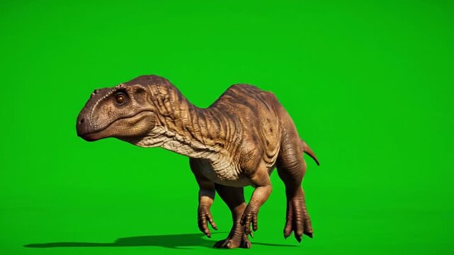 A dinosaur stands in profile for a video dinosaurs greenscreen composite