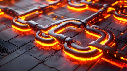 Interconnected, illuminated circuitry flows across a dark, textured digital surface.