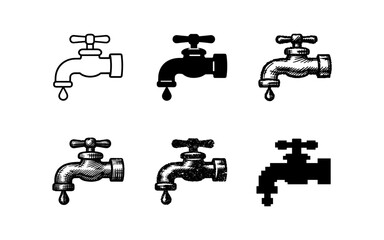 Fototapeta premium Collection of six different faucet icons with dripping water, in various styles