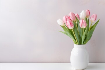 Obraz premium Pink and white tulips arranged in a ceramic vase standing on a white table
