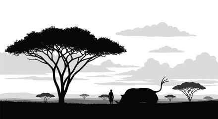 African savanna silhouette featuring a rhino and a person © MdSamsuzzaman