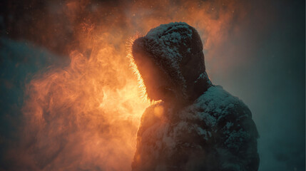 A human silhouette in a cold snowy environment with a soft warm glow inside, steam rising from the body, dramatic contrast of warm and cold colors