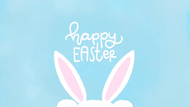 Bunny Revealing Happy Easter Text on Blue Background Hand-Drawn Easter Cartoon Animation - 4K Horizontal Seamless Loop Video