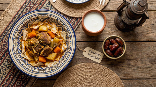 Traditional Tharid meat stew with dates and yogurt drink for Ramadan Mubarak Iftar meal