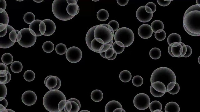 scattered grey standard size bubbles moving back and forth in slow motion from bottom to top on flat lay black background, 4k format clip, perfect for science experiments, themes, decoration etc