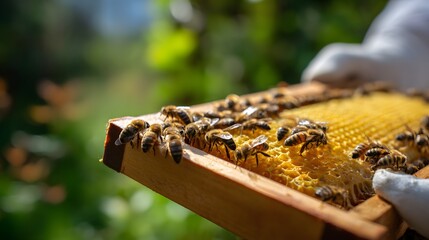Fototapeta premium Wooden frame filled with fresh honeycomb and several bees under bright sunlight, held by a person wearing white gloves. Background shows a blurred view of green foliage
