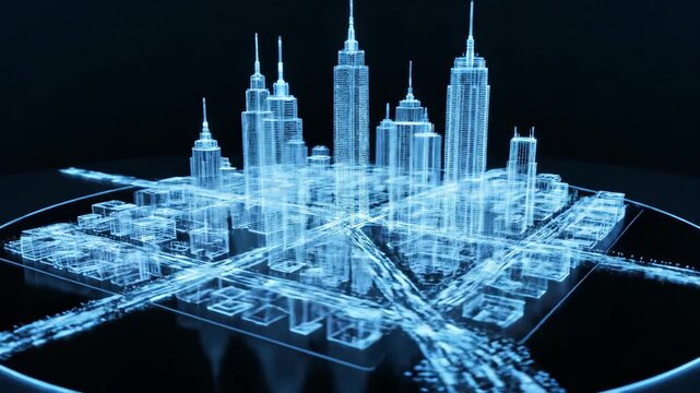 Glowing blue holographic city skyline forming on circular platform. Futuristic digital architecture model materializes with skyscrapers and bridges in animation sequence. Cyber urban visualization