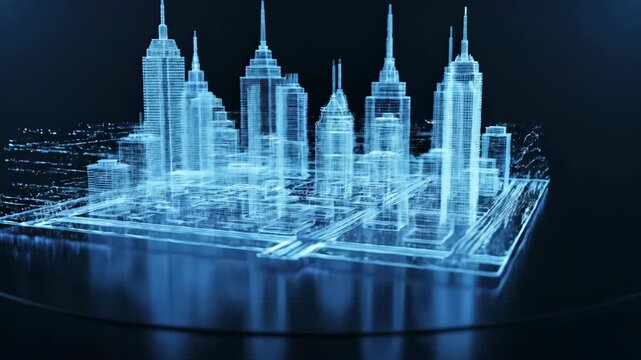 Glowing blue holographic cityscape animation. Futuristic skyline with wireframe buildings emerging in digital space. Virtual urban landscape concept for technology and architecture visualization.