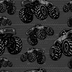Masculine seamless vector pattern with monster trucks and tire tracks on a grunge brick wall background. Ideal for boys' fashion, automotive branding, and industrial interior decor. © Vitalii_ART