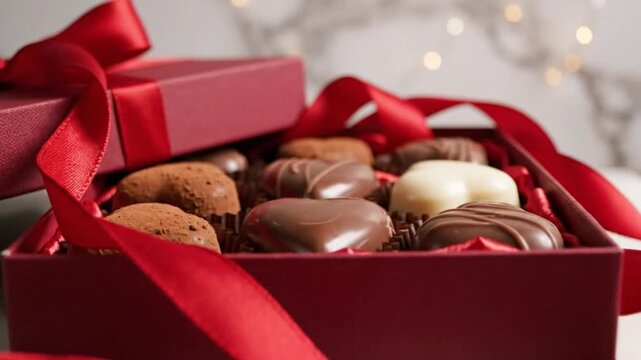 Assorted chocolates in a red gift box with ribbon, close-up, festive scene