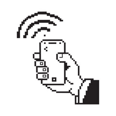 Fototapeta premium Pixelated hand holding a smartphone with outgoing wireless signal waves