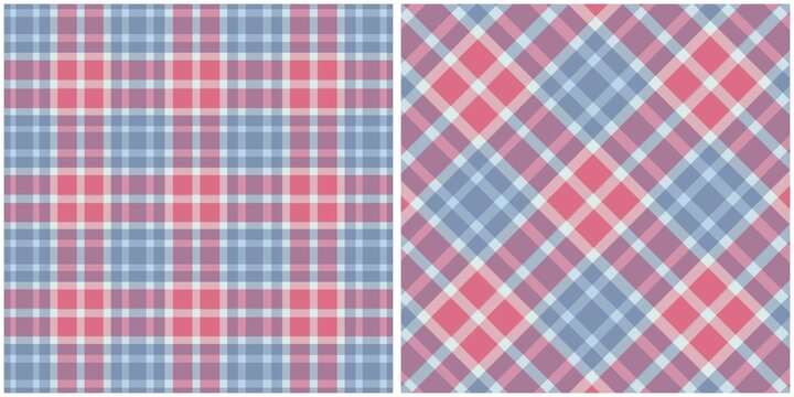 Blue and Pink Plaid Checkered Fabric Patterns Set, Tartan fabric pattern
