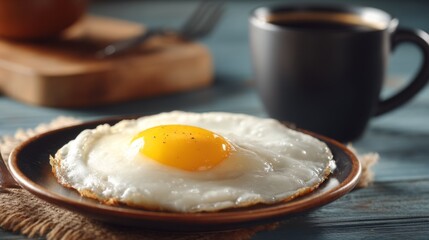 Deliciously Cooked Fried Egg on a Plate Next to a Cup of Coffee and Wooden Surface in a Cozy Kitchen Setting