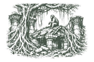 Detailed Hand Drawn Vector Illustration of a Monkey Sitting on Ancient Stone Temple Ruins Overgrown with Tree Roots in Artistic Line Art Style
