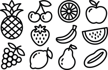 A set of various fruit icons in a simple line drawing style