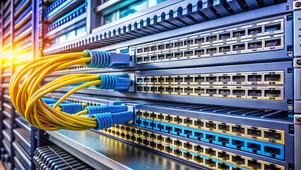Close view of a server rack with many ports and connected yellow ethernet cables forming a network hub