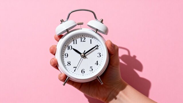 Hand holding white alarm clock