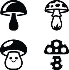 Four black and white cartoon mushroom icons