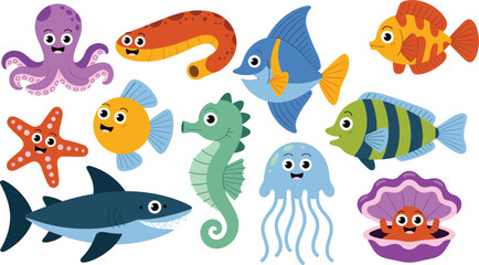 Cute cartoon sea animals illustration set, colorful ocean creatures fish octopus shark jellyfish kids education design © Mosharaf Creative