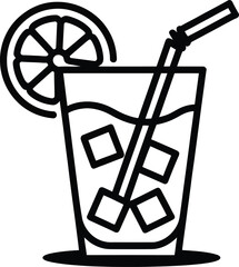 Black and white illustration of a refreshing drink with ice cubes and lemon