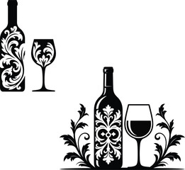 Black and white wine bottle and glass with floral design