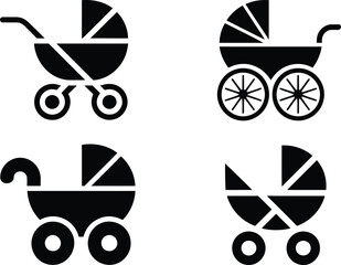 Four black baby stroller icons in different styles