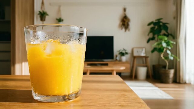 夏のリビングで楽しむ冷たいオレンジジュース。グラスに滴る結露と清涼感