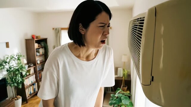 古いエアコンの異臭に顔をしかめる女性。クリーニングが必要な室内空調