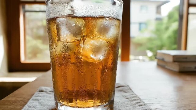夏の和室で味わう冷たい麦茶。グラスに滴る結露と清涼感