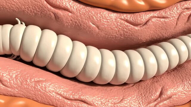 Tapeworm attached securely to intestinal lining, focus on structure and form