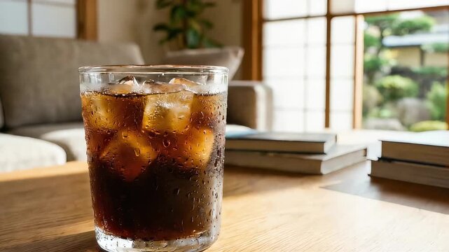 夏の和室で楽しむ冷たいアイスコーヒー。グラスに滴る水滴と涼感