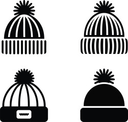 Black and white illustrations of various knit hats with pom poms