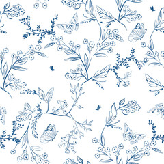 Seamless blue and white floral pattern with butterflies. Hand drawn vintage toile sketch background. Porcelain botanical textile design. © RDYD Studio