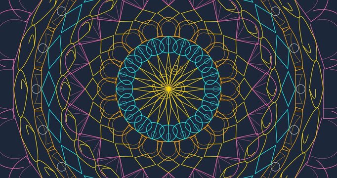 Animated Mandala Drawing: Self-Drawing Stroke Lines & Color Fill Reveal. Abstract Ornamental Flower Decoration Video Background. Luxury Motion Graphics Art for Zen, Yoga, Meditation & Design Projects