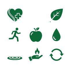 Obraz premium Green icons for ecology and health concepts heart with cross leaf running man apple water drop recycling symbol