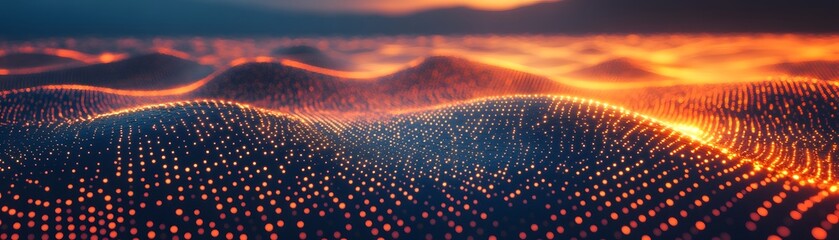 Digital data field displays glowing orange peaks against a dark horizon.