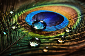 Fototapeta premium Peacock feather eye with water droplets in extreme macro detail.