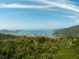 Aerial view drone photography High angle view of Phuket city near the sea, Phuket province Thailand, Panorama of phuket city thailand in sunny day
