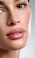 Fototapeta premium Close up of female lips with pink gloss smooth skin natural makeup soft lighting beauty sensual healthy youthful elegance