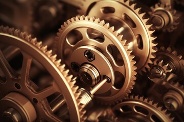Interlocking brass gears creating a complex, precise mechanical system