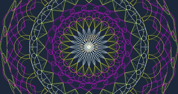 Animated Mandala Drawing: Self-Drawing Stroke Lines & Color Fill Reveal. Abstract Ornamental Flower Decoration Video Background. Luxury Motion Graphics Art for Zen, Yoga, Meditation & Design Projects