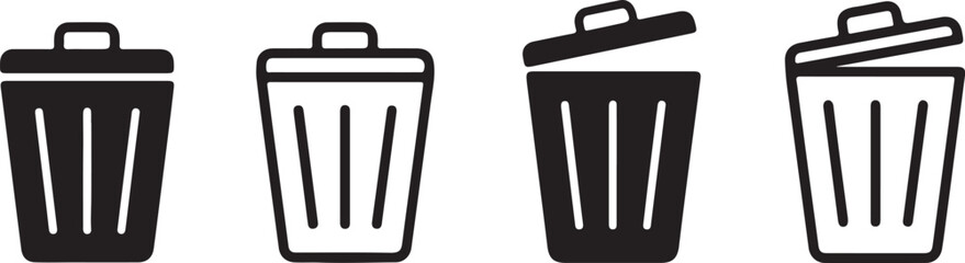 Black silhouette icons of trash cans with lids garbage can