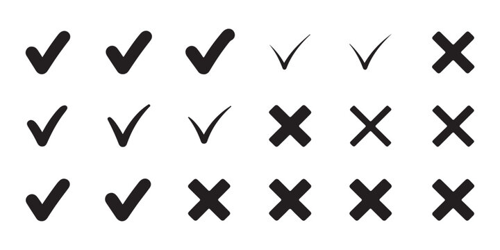 Black check marks and cross signs vector collection for voting design elements isolated on white background